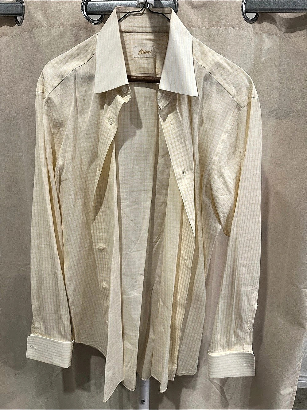 Brioni 100% Cotton Checkered Button Down Shirt in Cream & Yellow Size 41 / 16